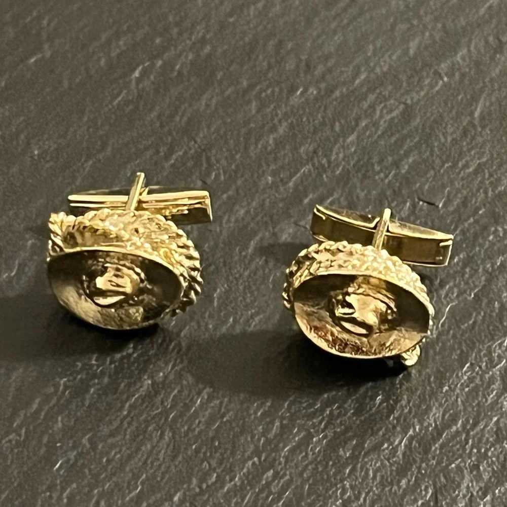 Vintage Gold Tone Cowboy Hat Rope Western Theme Cufflinks